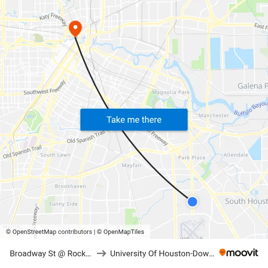 Broadway St @ Rockhill St to University Of Houston-Downtown map