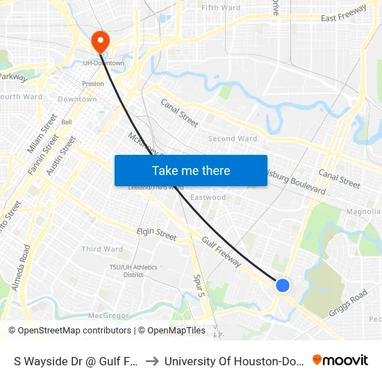S Wayside Dr @ Gulf Freeway to University Of Houston-Downtown map