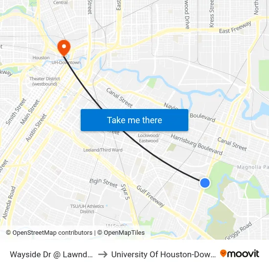 Wayside Dr @ Lawndale St to University Of Houston-Downtown map