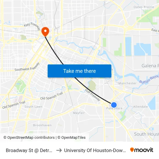 Broadway St @ Detroit St to University Of Houston-Downtown map