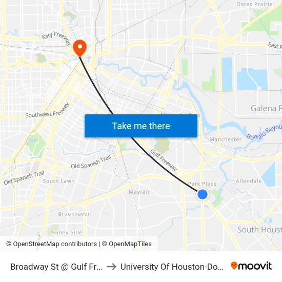 Broadway St @ Gulf Freeway to University Of Houston-Downtown map