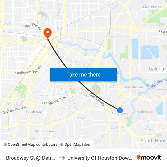 Broadway St @ Detroit St to University Of Houston-Downtown map