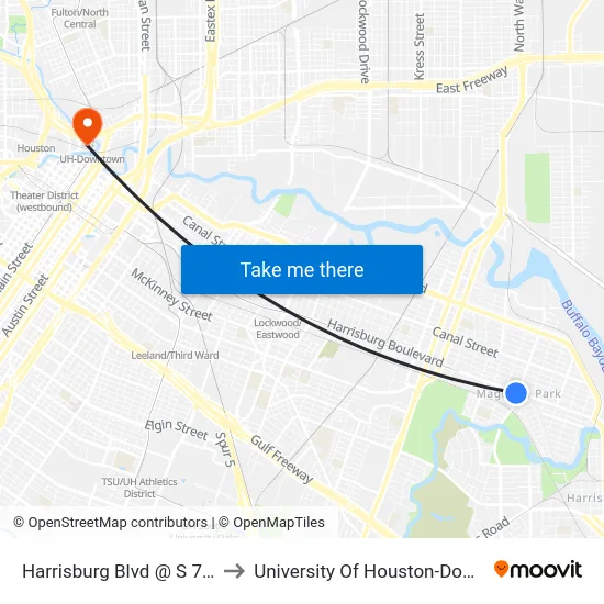 Harrisburg Blvd @ S 75th St to University Of Houston-Downtown map