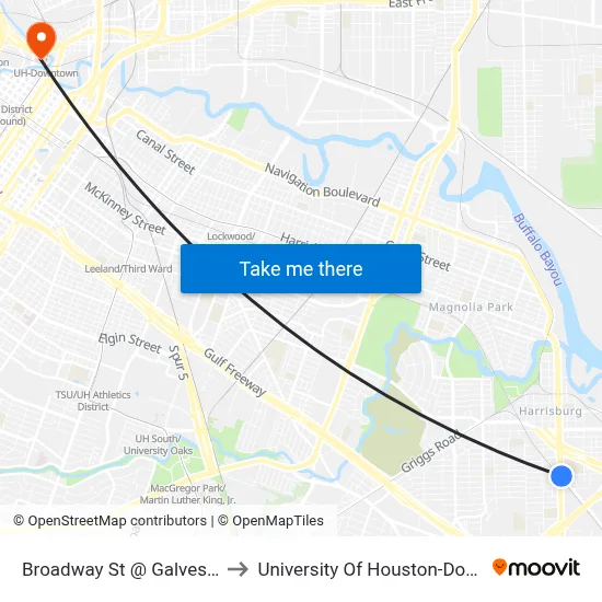 Broadway St @ Galveston Rd to University Of Houston-Downtown map