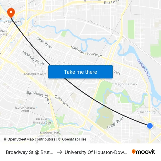 Broadway St @ Brutus St to University Of Houston-Downtown map