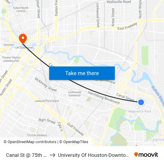 Canal St @ 75th St to University Of Houston-Downtown map