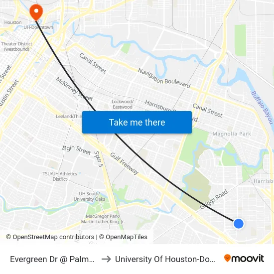 Evergreen Dr @ Palmetto St to University Of Houston-Downtown map