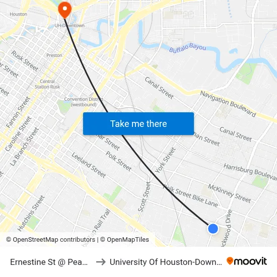 Ernestine St @ Pease St to University Of Houston-Downtown map