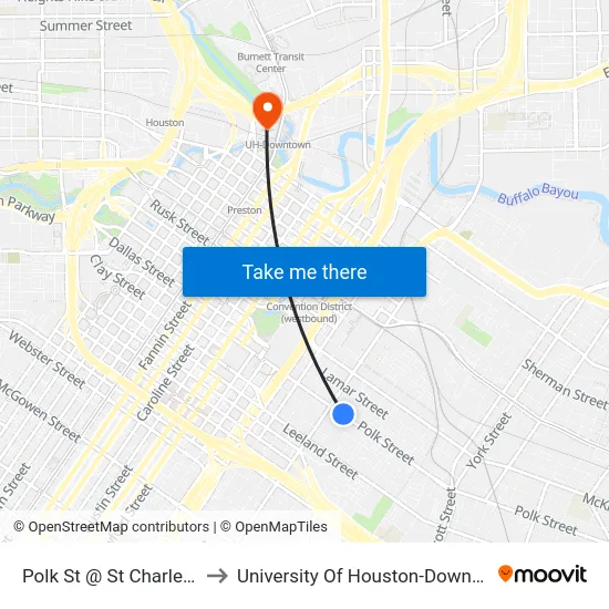 Polk St @ St Charles St to University Of Houston-Downtown map