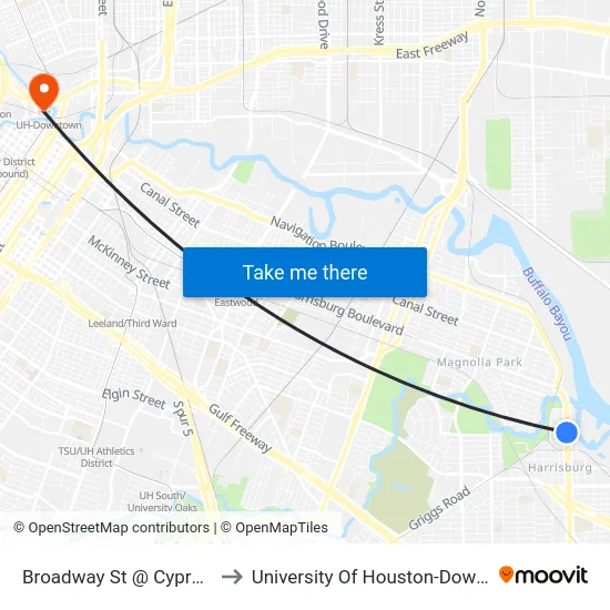 Broadway St @ Cypress St to University Of Houston-Downtown map
