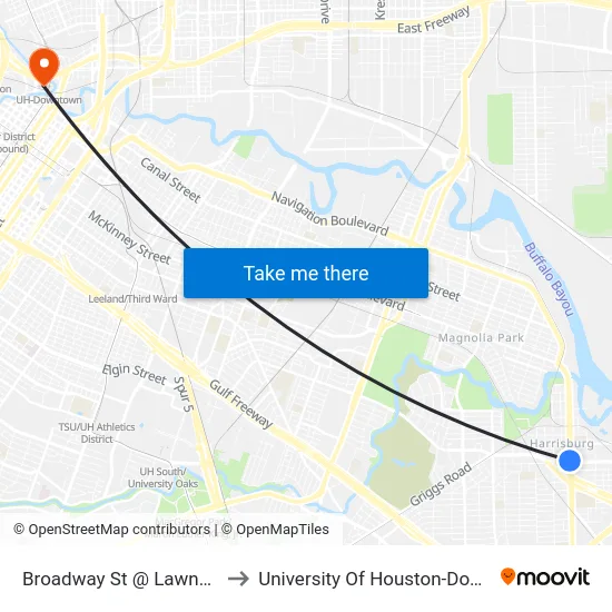 Broadway St @ Lawndale St to University Of Houston-Downtown map