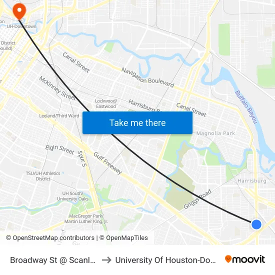 Broadway St @ Scanlock St to University Of Houston-Downtown map