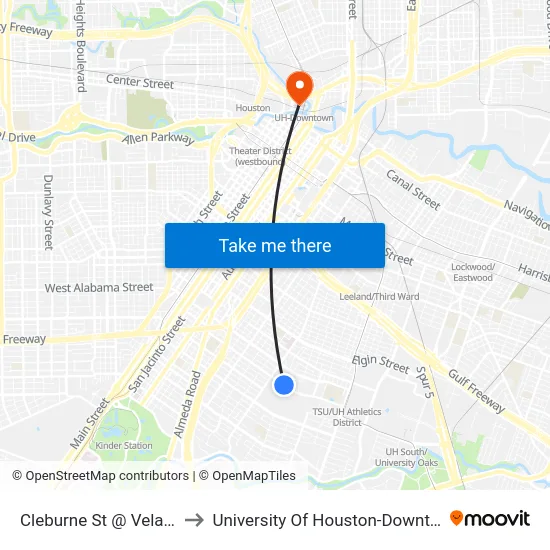 Cleburne St @ Velasco to University Of Houston-Downtown map