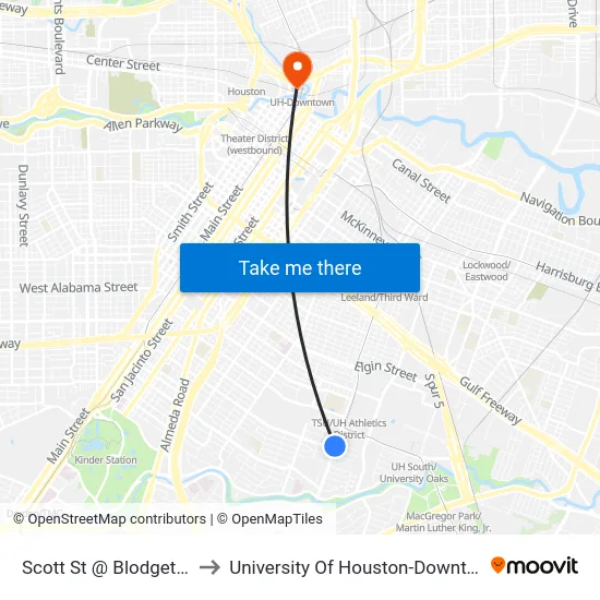 Scott St @ Blodgett St to University Of Houston-Downtown map