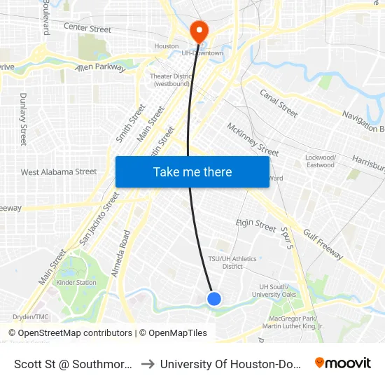 Scott St @ Southmore Blvd to University Of Houston-Downtown map