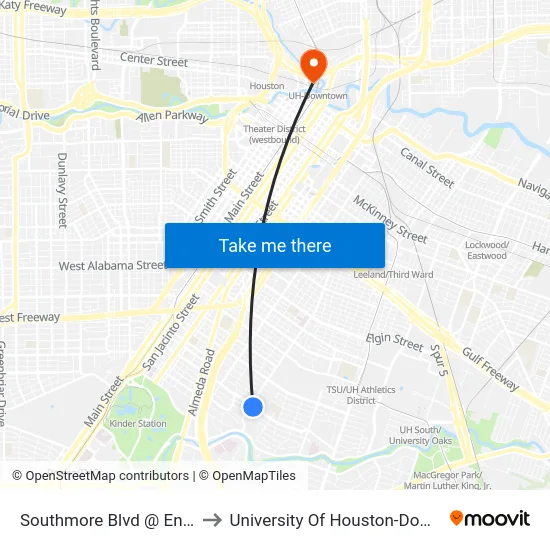Southmore Blvd @ Ennis St to University Of Houston-Downtown map