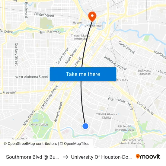 Southmore Blvd @ Burkett St to University Of Houston-Downtown map
