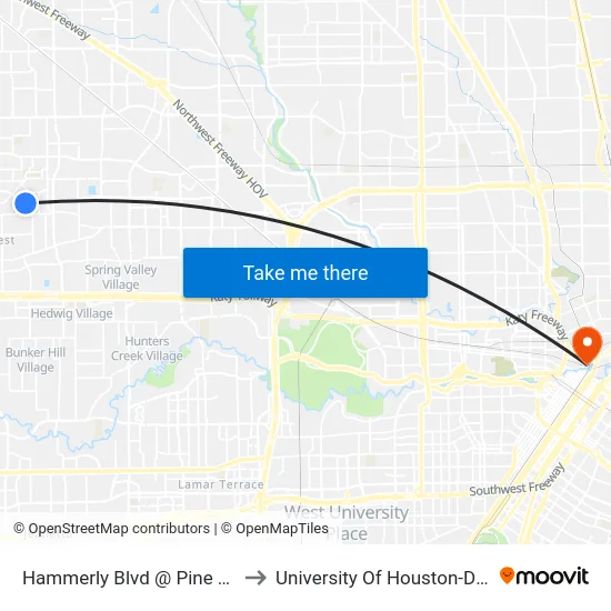 Hammerly Blvd @ Pine Village Dr to University Of Houston-Downtown map