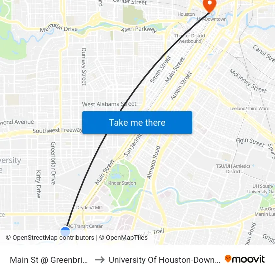Main St @ Greenbriar Dr to University Of Houston-Downtown map