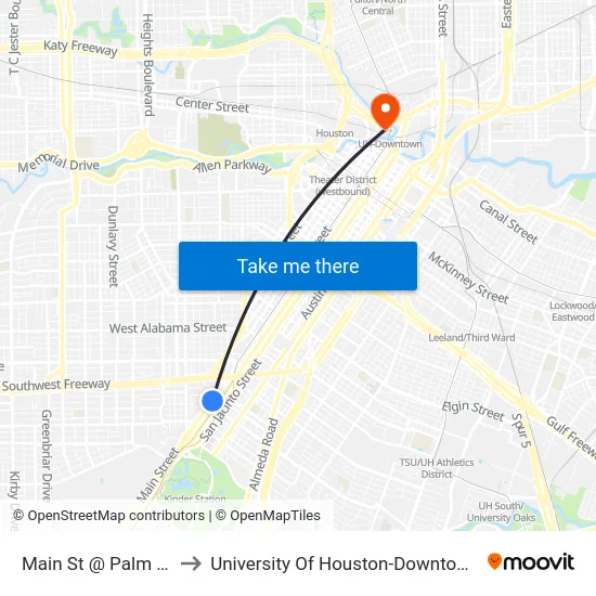 Main St @ Palm St to University Of Houston-Downtown map
