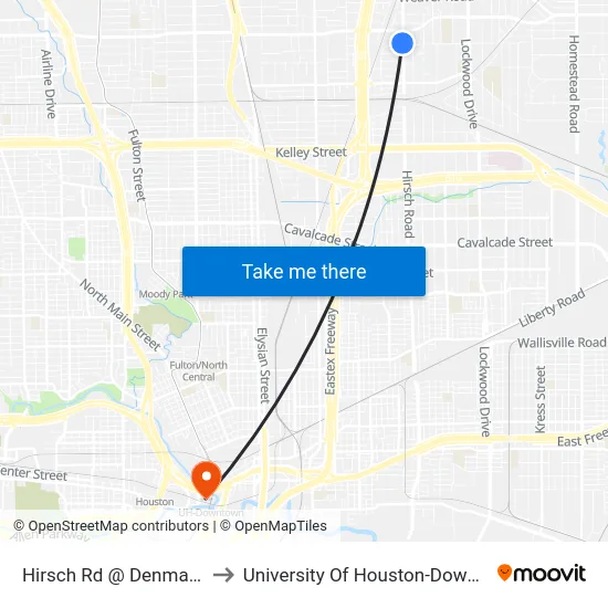 Hirsch Rd @ Denmark St to University Of Houston-Downtown map