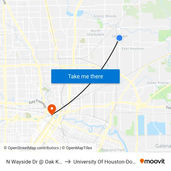 N Wayside Dr @ Oak Knoll Ln to University Of Houston-Downtown map