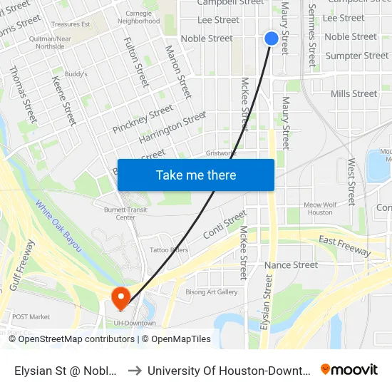 Elysian St @ Noble St to University Of Houston-Downtown map
