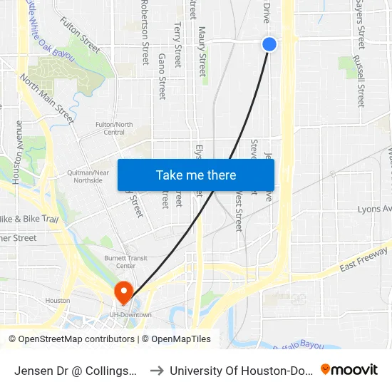Jensen Dr @ Collingsworth St to University Of Houston-Downtown map