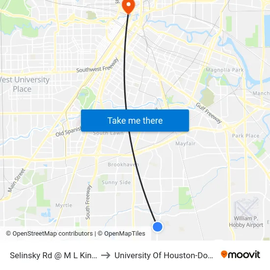 Selinsky Rd @ M L King Blvd to University Of Houston-Downtown map
