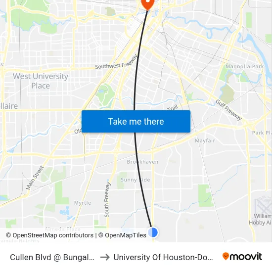 Cullen Blvd @ Bungalow Ln to University Of Houston-Downtown map