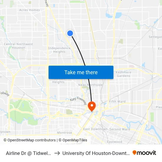 Airline Dr @ Tidwell Rd to University Of Houston-Downtown map