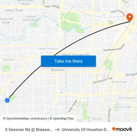 S Gessner Rd @ Braeswood Blvd to University Of Houston-Downtown map