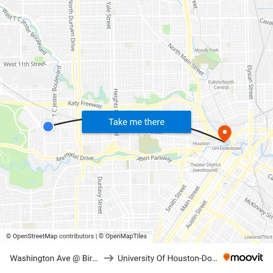 Washington Ave @ Birdsall St to University Of Houston-Downtown map