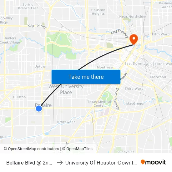 Bellaire Blvd @ 2nd St to University Of Houston-Downtown map