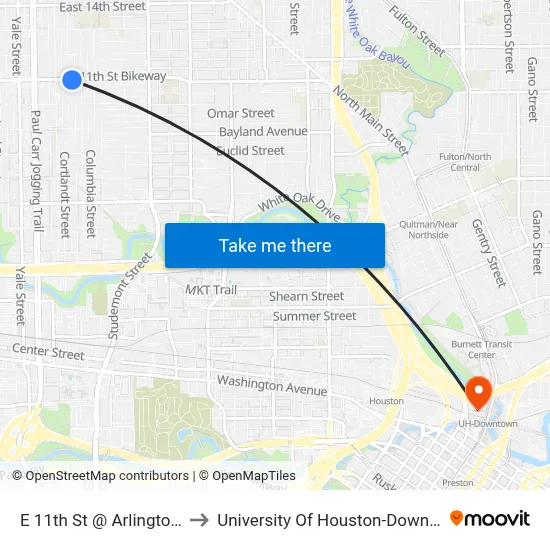 E 11th St @ Arlington St to University Of Houston-Downtown map