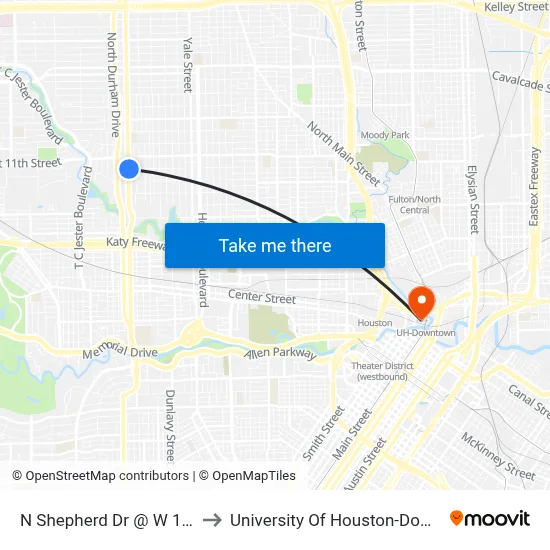 N Shepherd Dr @ W 10th St to University Of Houston-Downtown map