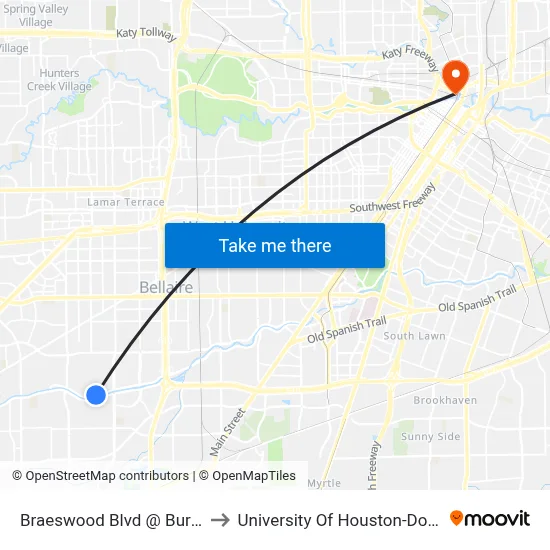 Braeswood Blvd @ Burdine St to University Of Houston-Downtown map