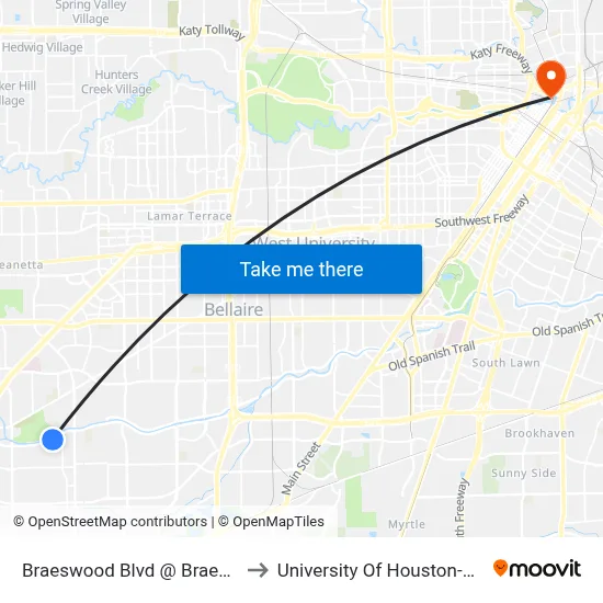 Braeswood Blvd @ Braes Bayou Dr to University Of Houston-Downtown map