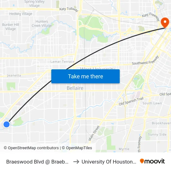 Braeswood Blvd @ Braeburn Glen Blvd to University Of Houston-Downtown map