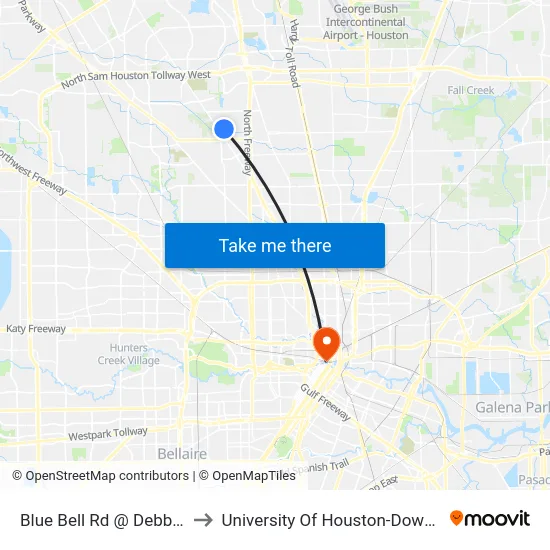 Blue Bell Rd @ Debbie Ln to University Of Houston-Downtown map