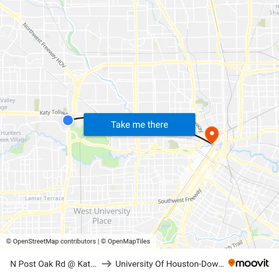N Post Oak Rd @ Katy Fwy to University Of Houston-Downtown map