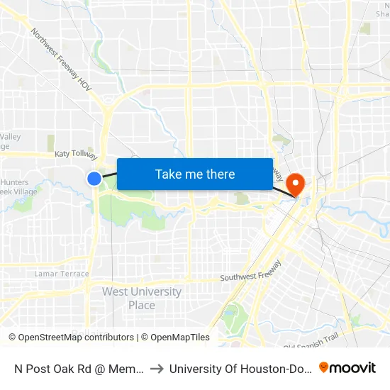 N Post Oak Rd @ Memorial Dr to University Of Houston-Downtown map
