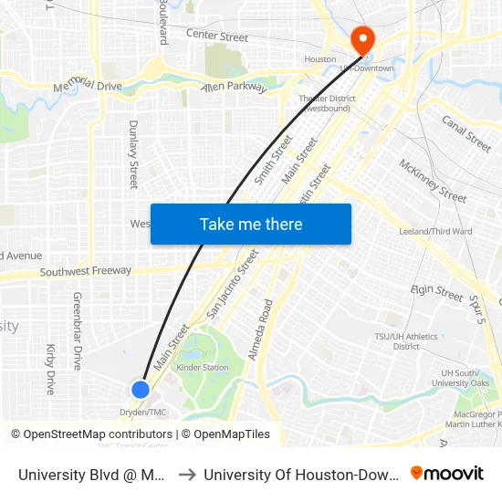 University Blvd @ Main St to University Of Houston-Downtown map