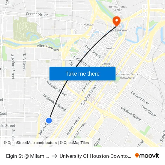 Elgin St @ Milam St to University Of Houston-Downtown map