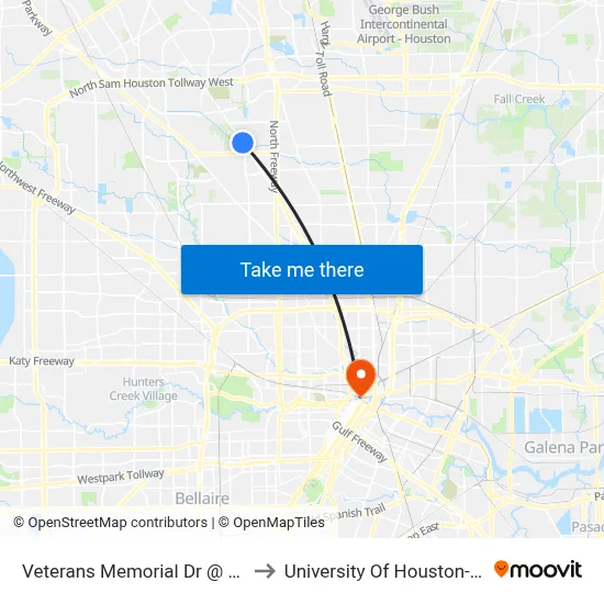 Veterans Memorial Dr @ Blue Bell Rd to University Of Houston-Downtown map