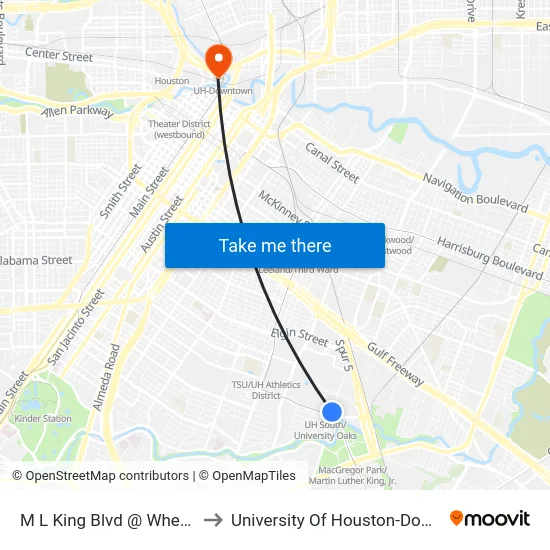M L King Blvd @ Wheeler St to University Of Houston-Downtown map