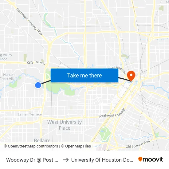 Woodway  Dr @ Post Oak Ln to University Of Houston-Downtown map