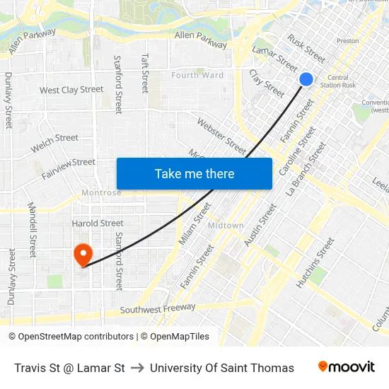 Travis St @ Lamar St to University Of Saint Thomas map