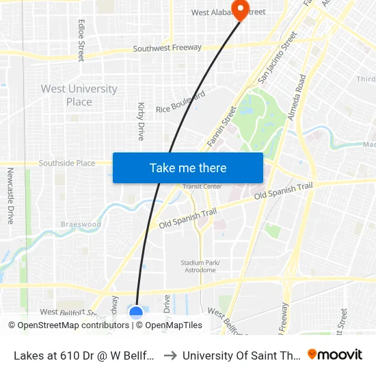 Lakes at 610 Dr @ W Bellfort Ave to University Of Saint Thomas map