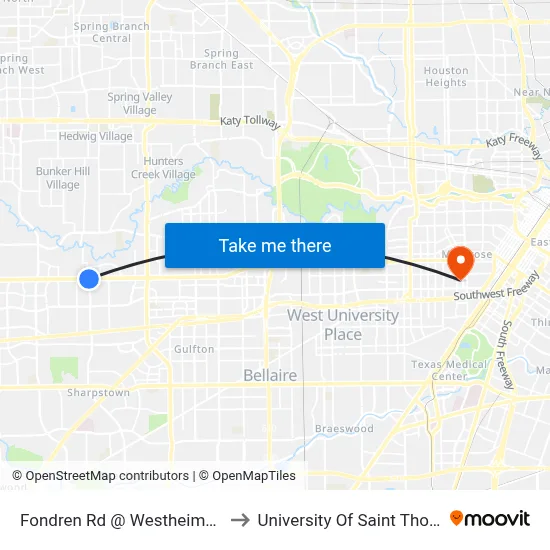 Fondren Rd @ Westheimer Rd to University Of Saint Thomas map